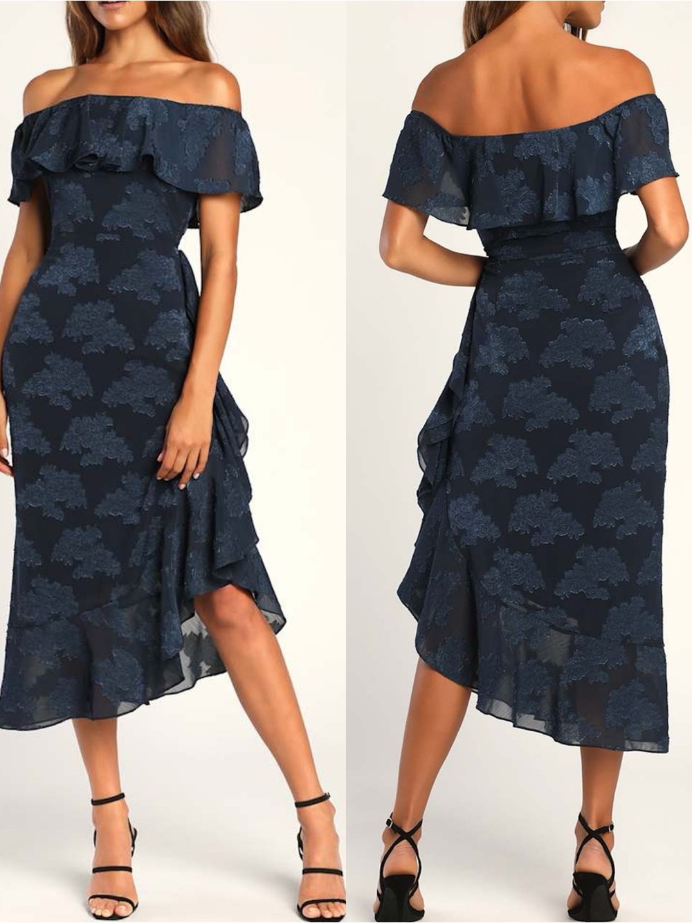 Lulus | Pretty Perfect Navy Floral Burnout Off-The-Shoulder Midi Dress
